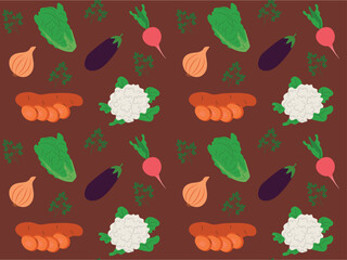 Vegetable seamless pattern on brown background. Vector illustration of sweet potato, onion, fresh herbs, radish for print, wrapping paper, textile, wallpaper.