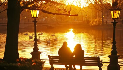 Lovely couple silhouette, golden hour, low sun, lake or pond, swans, city park, warm colors