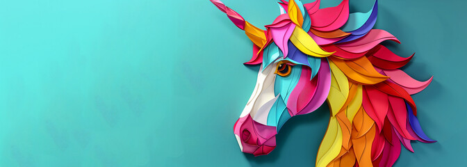 A colorful unicorn made of colored paper with a blue background. The unicorn is surrounded by pink, yellow, and purple feathers. colorful unicorn.