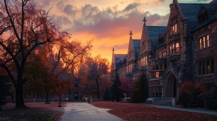 The warm glow of sunset bathes a historic university building, highlighting its architectural...