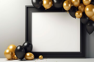 Obraz na płótnie Canvas Black and gold balloons and empty black frame on white background. 3D Rendering