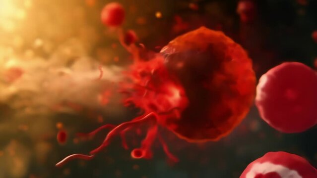A magnified image of a natural killer NK cell releasing perforins and granzymes to induce death in a cancerous cell. The cancer cell . AI generation.