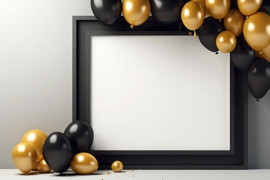 Black and gold balloons and empty black frame on white background. 3D Rendering