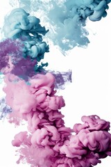Blue and pink acrylic color drop into water, white isolated background
