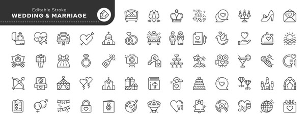 Set of line icons in linear style. Series - Wedding. Newlyweds' holiday, wedding, love. Bride, groom, lovers, wedding rings, wedding car, cake. Outline icon collection. Conceptual pictogram