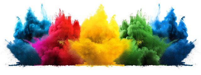 Colorful explosion of holi paint powder, blue, red, yellow, green color, white transparent isolated background