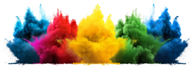 Colorful explosion of holi paint powder, blue, red, yellow, green color, white transparent isolated background