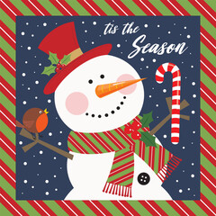 Christmas card design with cute snowman, candy cane and robin bird