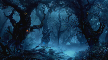 3D illustration of misty tree eyes in the dark background.