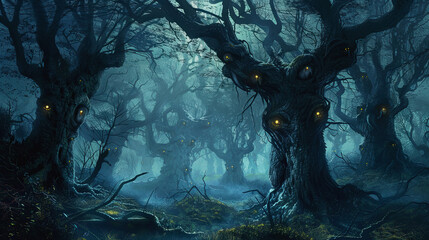 Obraz premium 3D illustration of misty tree eyes in the dark background.