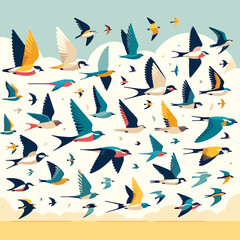 illustration of a flock of migrating birds flying in the sky