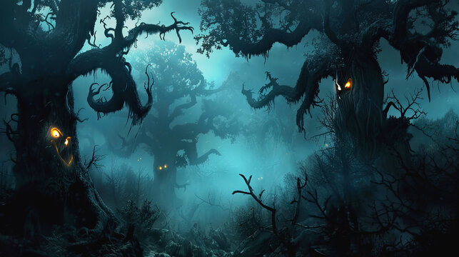 3D illustration of a demon tree in a forest with fallen leaves in a dark background.