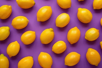Rolgordijnen Fresh Lemons on Vibrant Purple Background with Copyspace for Text, Exotic Fruits Concept for Design and Advertising © SHOTPRIME STUDIO
