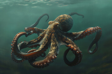 Squid or octopus with tentacles in the sea in the water - obrazy, fototapety, plakaty