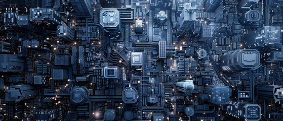 Birds-eye view of an urban nightscape with illuminated buildings in style of a mainboard 