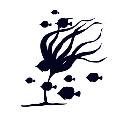 Silhouette of seaweed with schools of fish.Vector graphics.