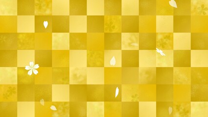 金箔に桜の花びらが降る、梅と松の和風背景素材。