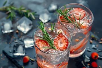 Gin and tonic. Dresses with rosemary and strawberries .