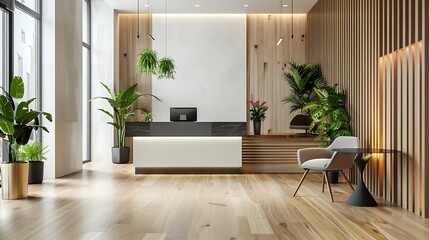 interior design for reception area in modern style with plant chair table and many props on wood floor and white wall