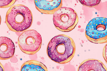 Pattern of Donuts on Pink Background with Watercolor Splotches for Background Design or Craft Projects