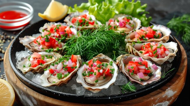 Plate of oysters with tomatoes and lettuce on ice, a refreshing seafood dish