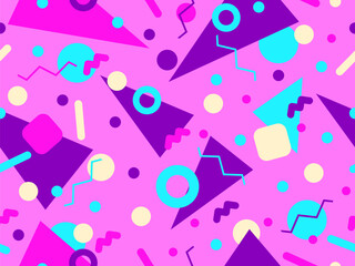 Geometric seamless pattern with memphis elements in 80s style. Colorful geometric pattern. Design of promotional products, wrapping paper and printing. Vector illustration