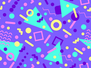 Memphis seamless pattern with geometric shapes in 80s and 90s style. Geometric shapes of different shapes and colors. Design of promotional products, wrapping paper and printing. Vector illustration