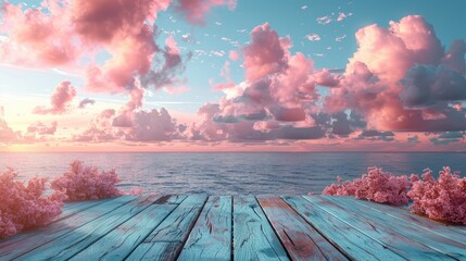 wooden terrace with beautiful view blue sky and pink cloud, copy space for display of product or object presentation and advertisement concept