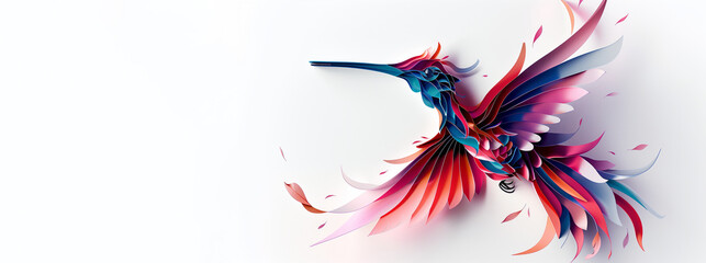 A colorful bird hummingbird with a long beak. The bird is surrounded by a white background, which creates a sense of contrast and draws attention to the bird's vibrant color. 3D graffiti illustrations