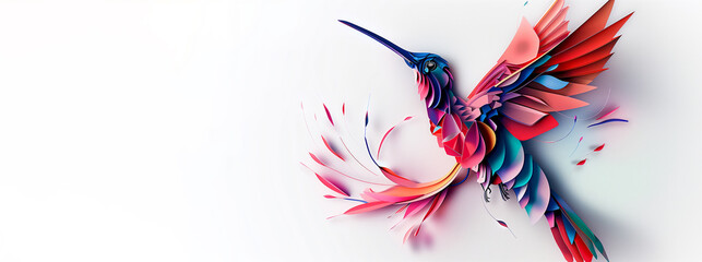 A colorful bird hummingbird with a long beak. The bird is surrounded by a white background, which...