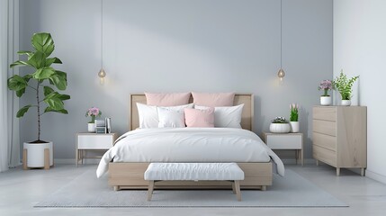Interior of a modern bedroom decorated with modern furniture with pastel tones