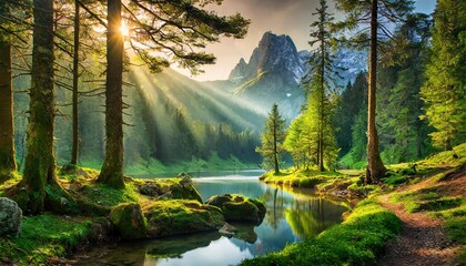 lake in the mountains, beautiful landscape, magic forest - obrazy, fototapety, plakaty