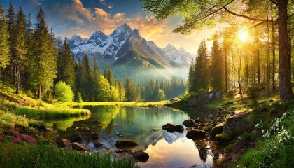 lake in the mountains, beautiful landscape, magic forest