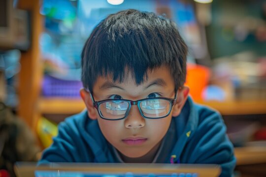 Young boy wearing glasses looking at a laptop