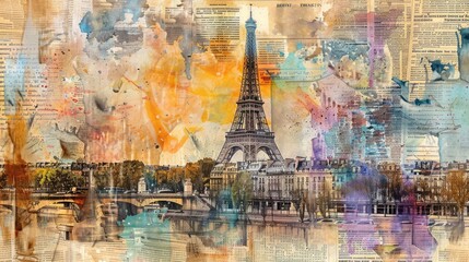 Paris Cityscape with Watercolor Theme on Old Newspaper.