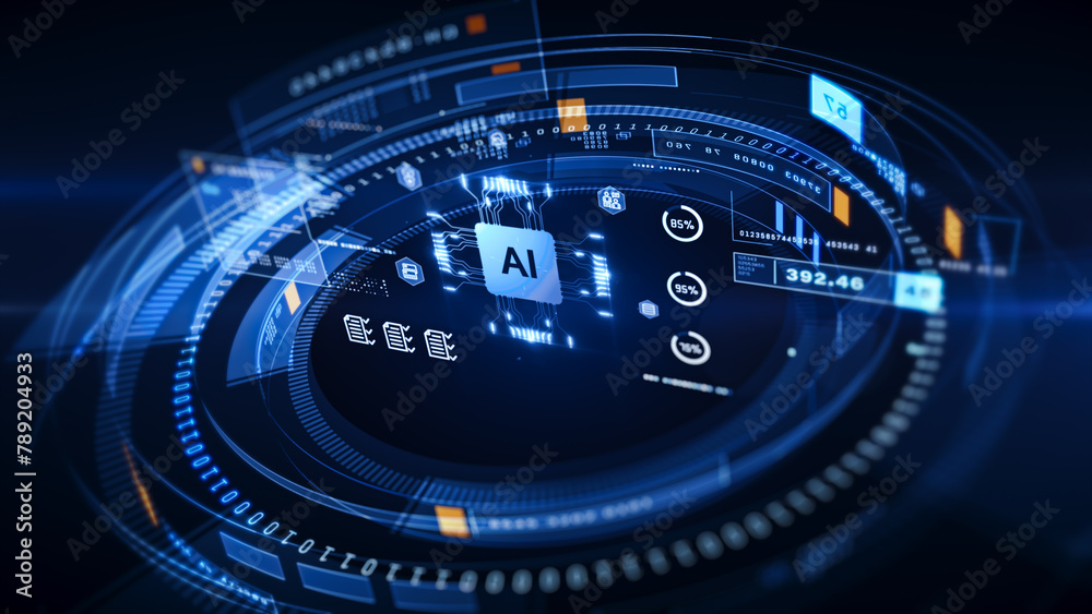 Poster Advanced AI Technology Interface with Data Analytics Visualization, Perfect for illustrating articles, presentations, and discussions on AI advancements and digital 3d rendering