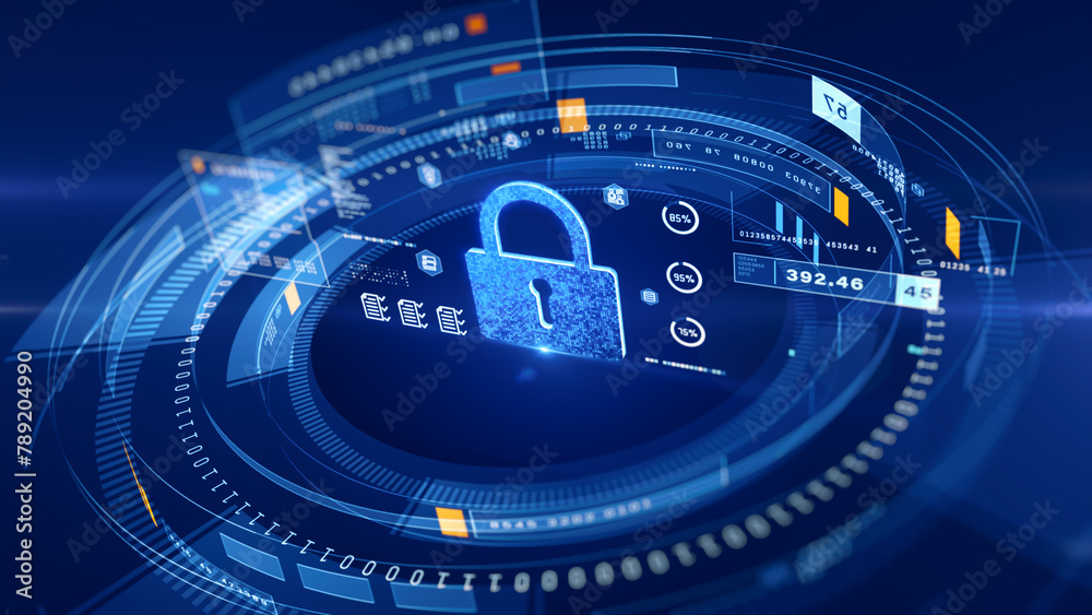 Poster digital cybersecurity protection with encrypted data visualization cybersecurity, featuring padlock 