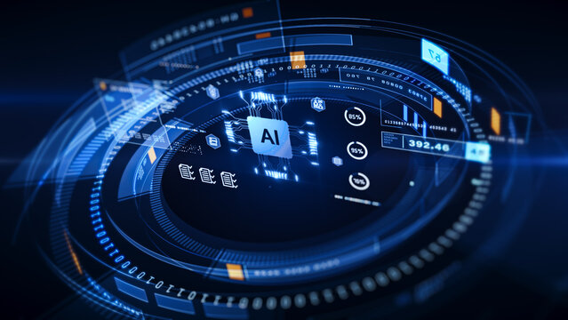 Advanced AI Technology Interface with Data Analytics Visualization, Perfect for illustrating articles, presentations, and discussions on AI advancements and digital 3d rendering