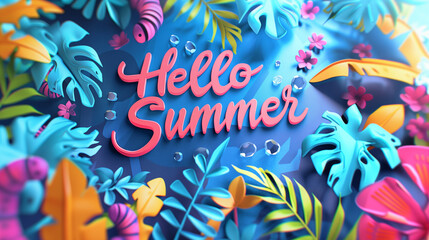 Hello Summer Text with Tropical Leaves Background. 3d 