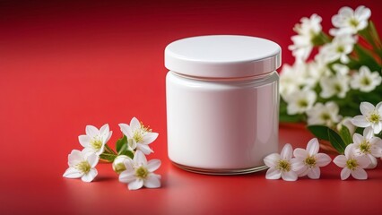 white jar and white flowers on a red background
