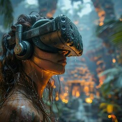 Virtual reality travel logs, explorers share journeys to exotic dimensions, immersive stories - obrazy, fototapety, plakaty