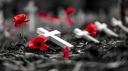 White wooden cross crucifix with red poppy flowers on the ground Lest We Forget Anzac Day concept