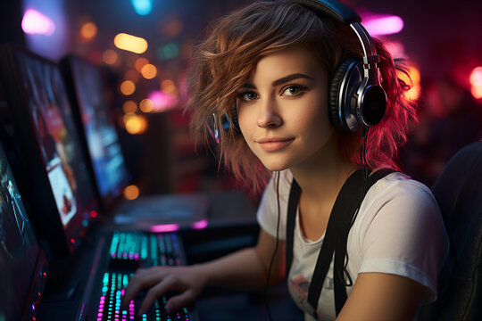 Generative AI image of gamer wearing headphones and playing online game