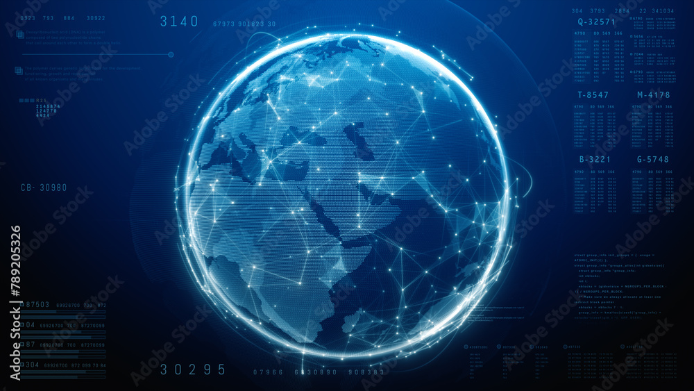 Poster abstract digital globe network and data analytics visualization, 3d rendering