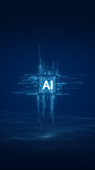 AI Concept with Digital Wave Patterns in Blue, Abstract representation of artificial intelligence and AI text symbol in a futuristic blue background, 3d rendering