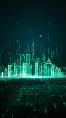 Digital cityscape abstract background, Abstract visualization of a cityscape rendered in neon green digital lines, Smart city technology and urban data networks. 3d rendering