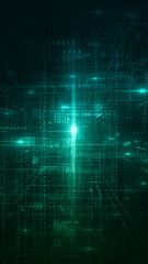 Green Futuristic Computer Circuitry Abstract, High tech green circuitry with dynamic light effects, illustrating advanced computer technology network and digital data pathways..3d rendering