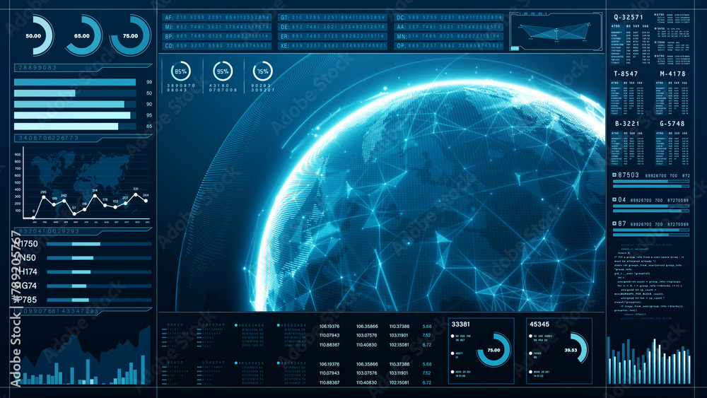 Aufkleber Futuristic Global Network Data Interface Concept, Blue digital interface showcasing global connectivity and data analytics with futuristic design elements..3d rendering