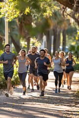 Obraz premium Friends in athletic wear joyfully run in park background during early morning hours