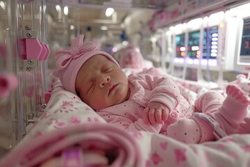 A heartwarming scene of a newborn baby resting peacefully in a hospital incubator